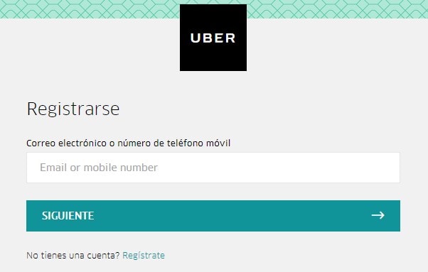 Correo electrónico o número de teléfono para iniciar sesión en Uber